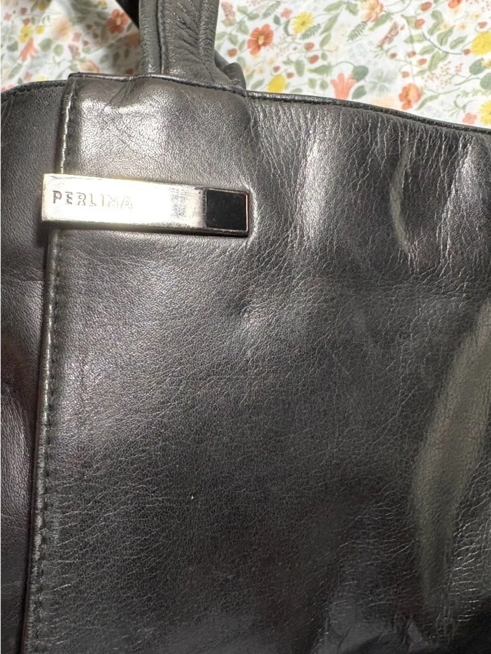 Perlina Black Leather Briefcase Tote with Metal Logo Plate